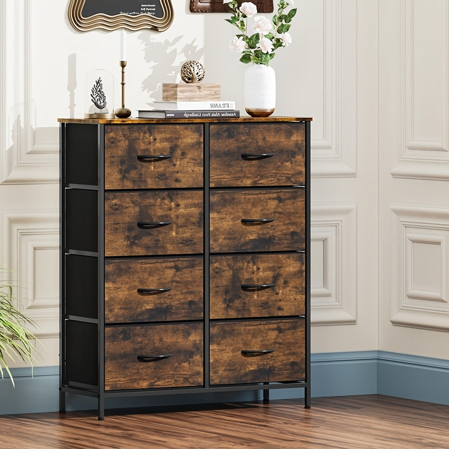 Fabric Storage Chest of 8 Drawers – 4 Independent Sections, Sturdy Metal Frame & Wood Tabletop, Bedroom Dresser for Closet, Living Room & Entryway | White & Brown