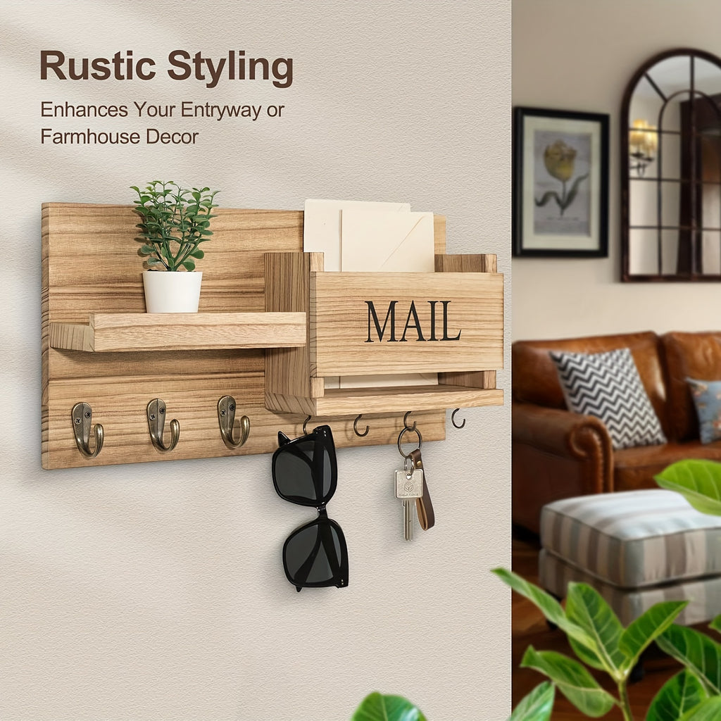 Rustic Wood Wall Mounted Storage Rack with Mailbox Slot Multiple Hooks for Keys Hats Envelopes – Floating Shelf Organizer for Entryway Porch Bedroom Bathroom Living Room, Farmhouse Wall Decor