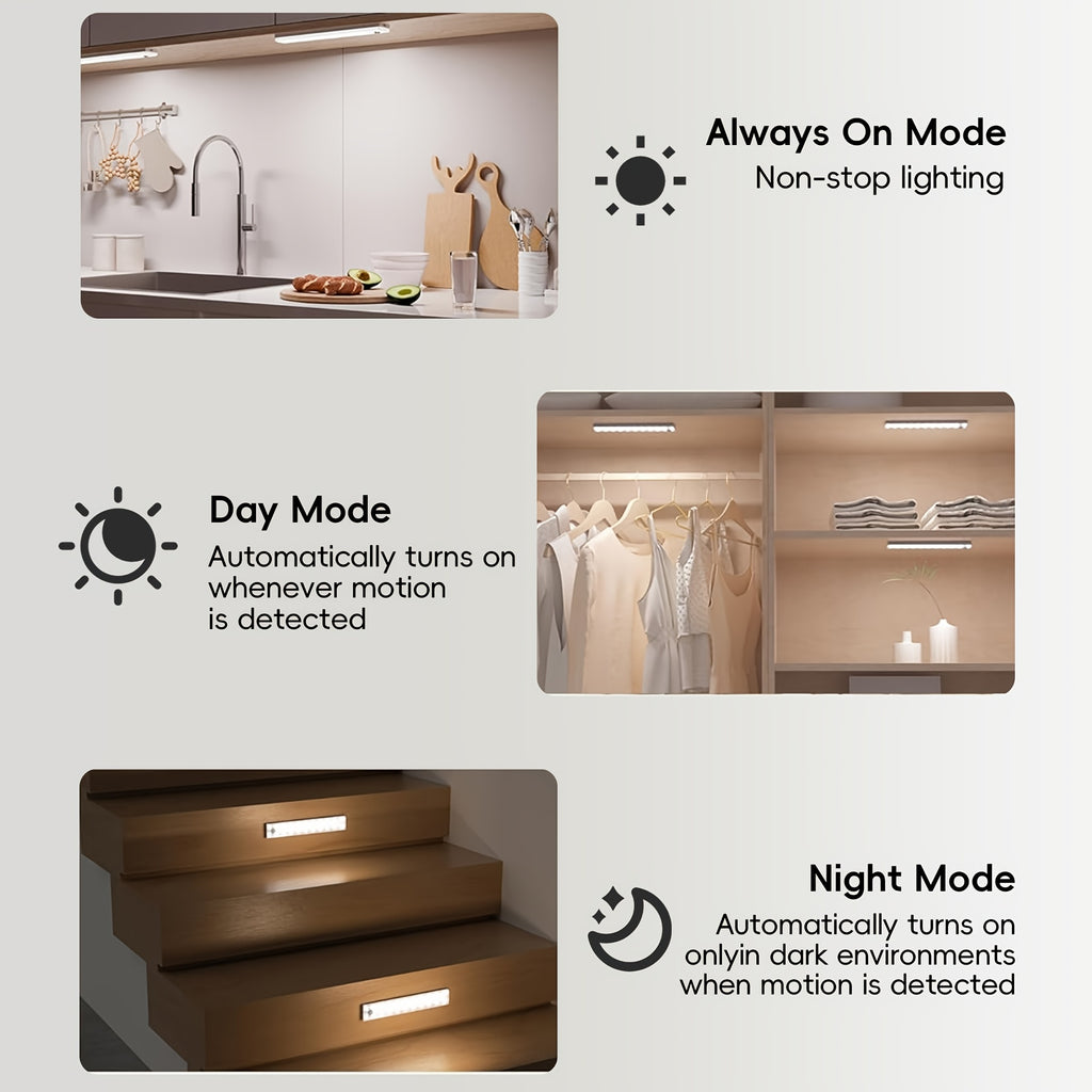 Rechargeable LED Under Cabinet Lights 3-Pack with Charging Station Wireless Motion Sensor Dimmable Night Light for Stairs Hallway Bookshelf