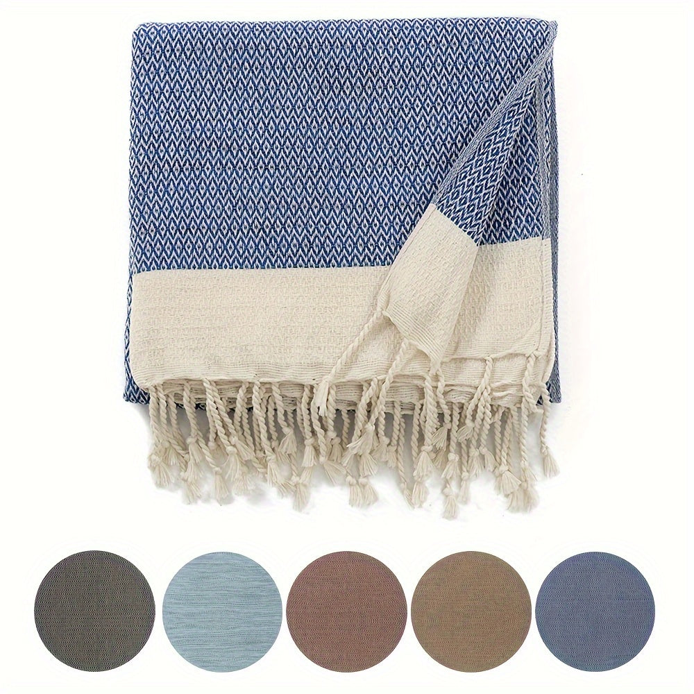 Cotton Tassel Blanket Boho Diamond Grid 100% Cotton 350GSM Breathable Soft All Season Machine Washable Throw for Bed Sofa Picnic Travel Black Navy Blue Light Blue Gray Red Orange Brown 49x71 Inch