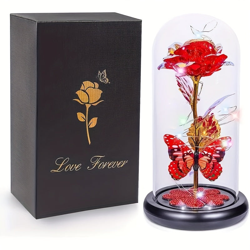 Galaxy Glass Rose Dome Eternal Crystal Flower with Butterfly LED Glow Night Light Gift for Mom Wife Sister Daughter Mother's Day Birthday Valentine's Day Purple