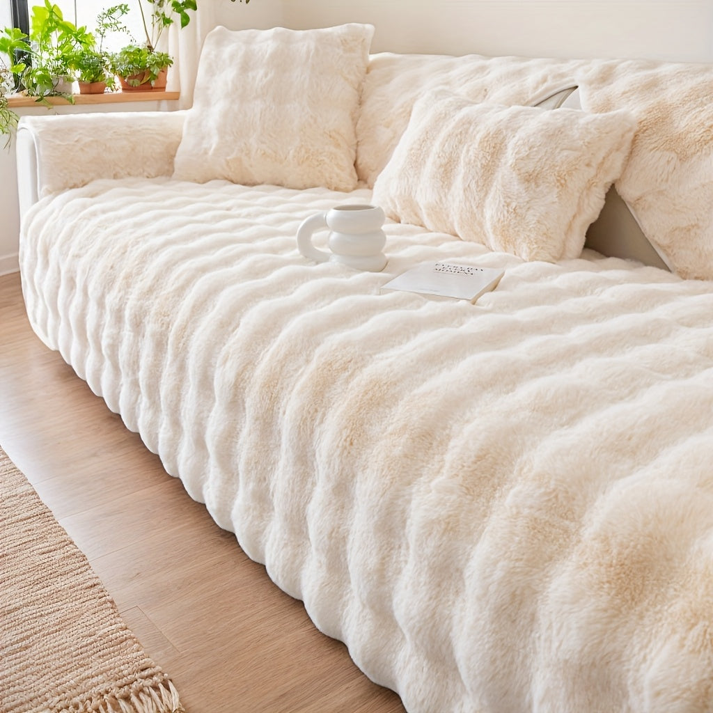 Plush Sofa Cover Rabbit Fur Like Cushion – Anti-Slip Wear-Resistant Pet Friendly Sofa Protector, 450-500GSM Polyester, Machine Washable, Home Decor