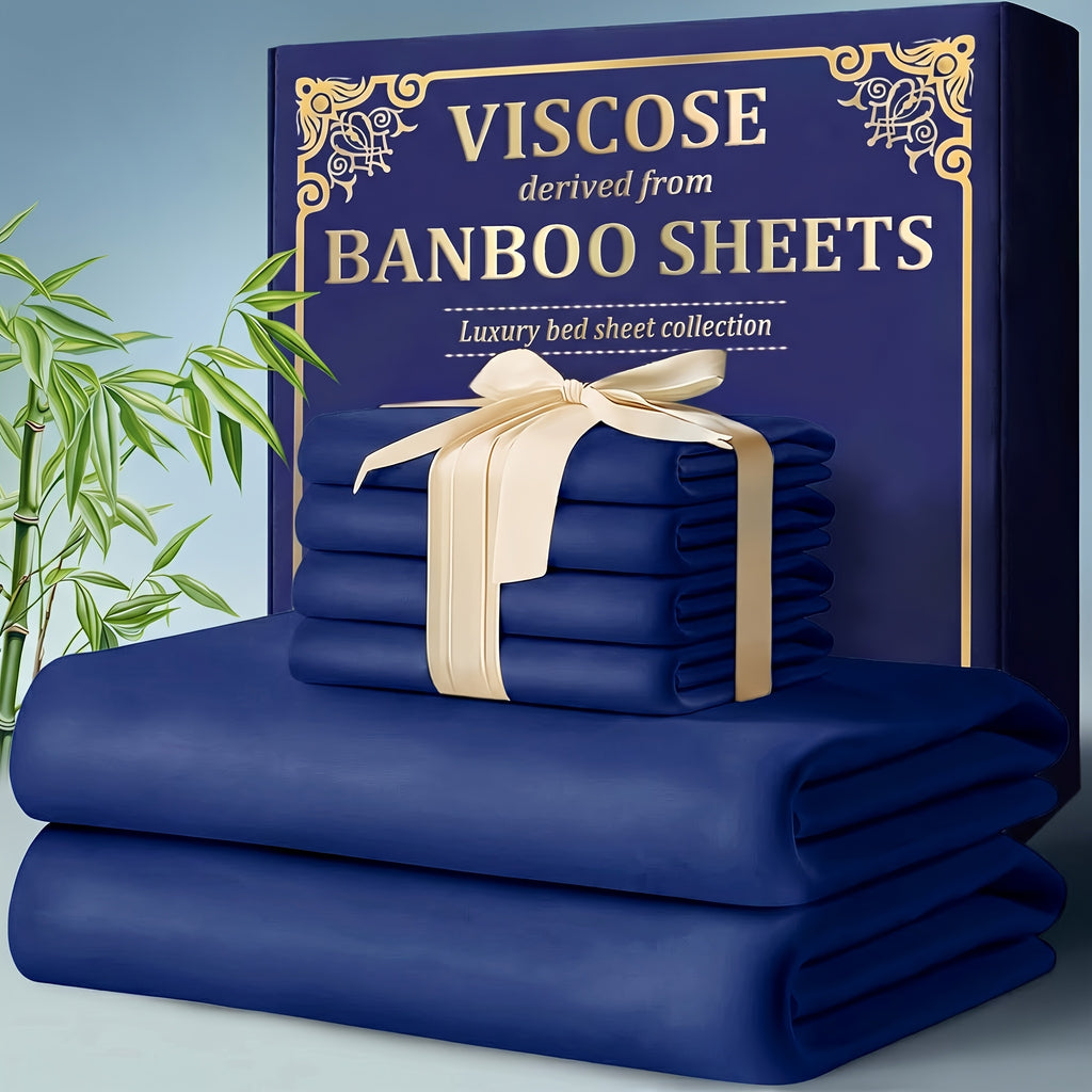 Bamboo Cooling Bed Sheet Set 4 Pcs - 2300TC Ultra Soft Breathable Deep Pocket Fitted Sheet Flat Sheet Pillowcases, Shrink Resistant All Season Bedding for Twin Full Queen King