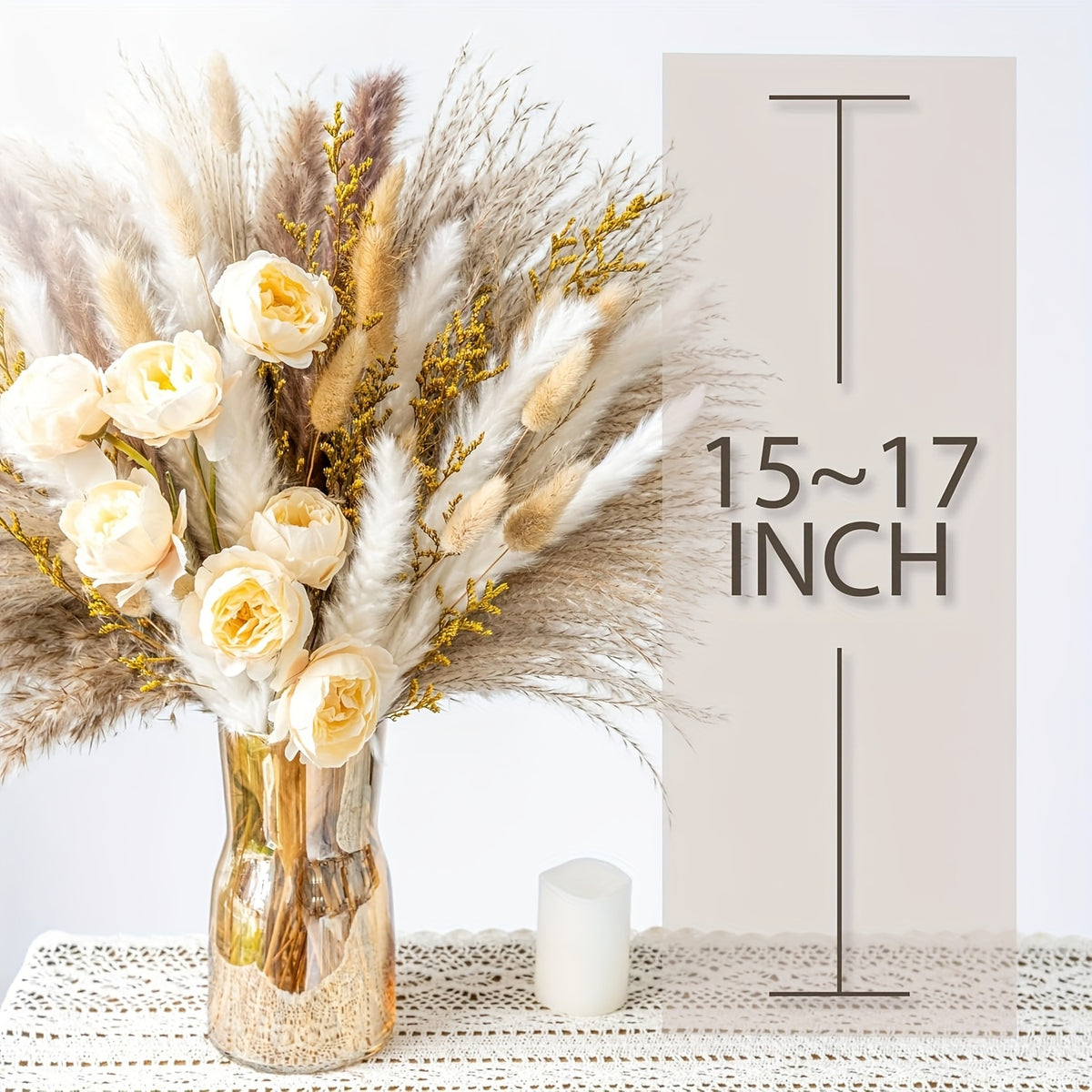 Dried Pampas Grass Bouquet with Artificial White & Beige Roses – 51 or 91 Piece Large Boho Floral Arrangement for Wedding, Home & Farmhouse Centerpiece, Rustic Table Decor (No Vase Included)
