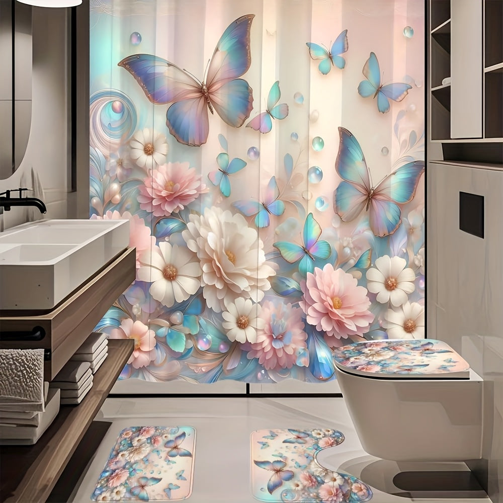4pcs Flower Butterfly Shower Curtain Set 71x71 Inch with 12 Hooks Anti-Slip Bath Mat Toilet U-Shape Pad & Lid Cover - Complete Bathroom Set | Nuvia Haven