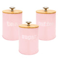 Airtight Storage Canister Set of 3 with Bamboo Lid & Metal Base - Stackable Kitchen Pantry Jars for Tea, Coffee, Spices, Nuts, Grains & Dry Goods, Pink Canister Set