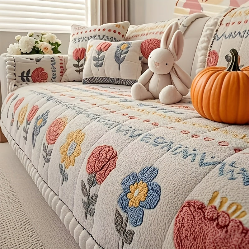 Milk Velvet Bohemian Floral Sofa Cover – Cozy Shu Velveteen Machine Washable Slipcover for 2 to 4 Seater Sofas Boho Artistic Living Room Decor