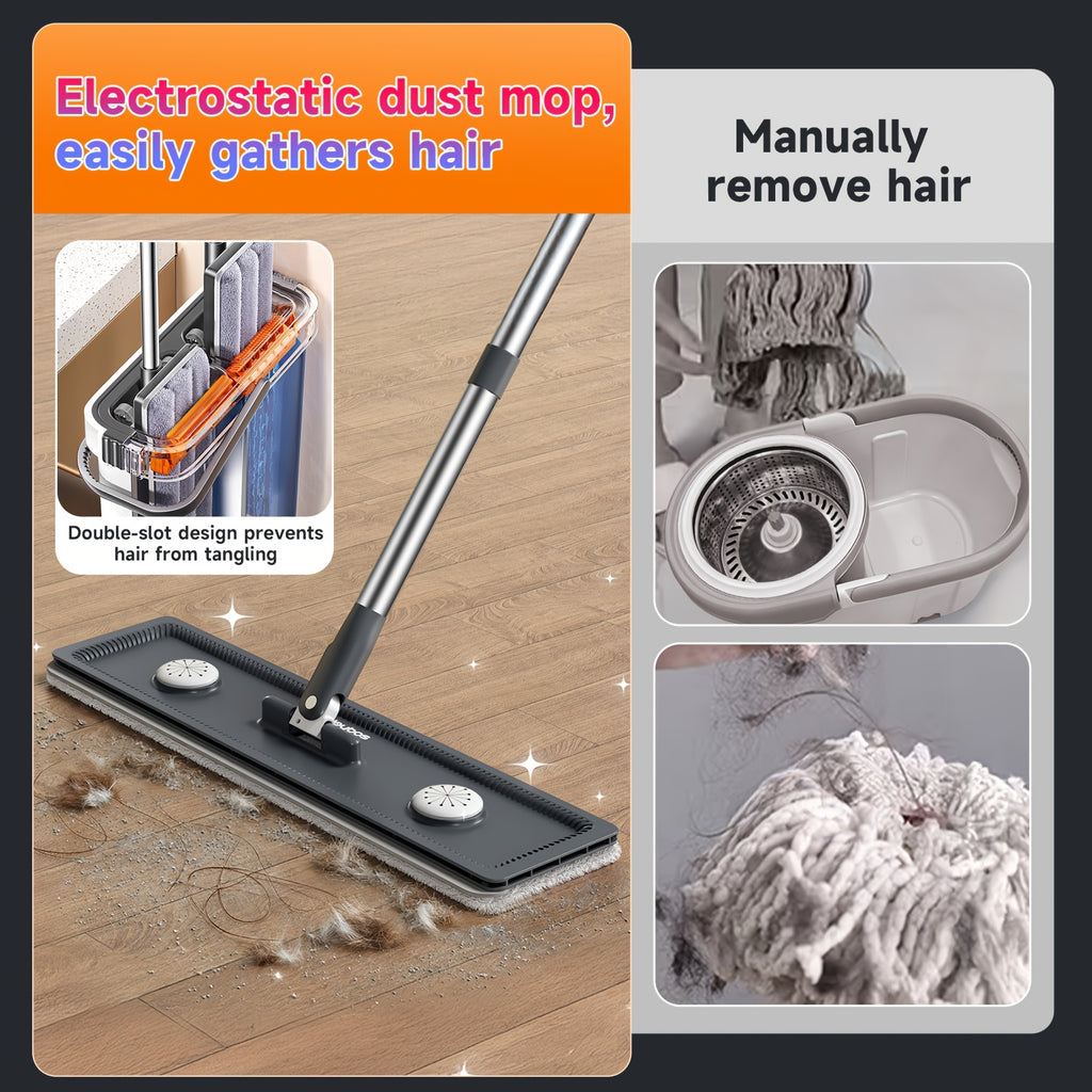 Flat Mop and Bucket Set 40cm, Hands-Free Wringing Dual Bucket System, 360° Rotating Mop Head, 2 or 6 Microfibre Replacement Pads, Wet & Dry Separation, Safe on All Floor Types