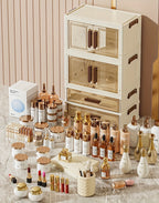 Makeup Organizer with Transparent Drawers 3/4 Tier – Foldable Large Capacity Stackable Cosmetic Storage Cabinet, Retro White & Gold Aesthetic Organizer for Skincare, Documents & Books, Elegant Girl Gift