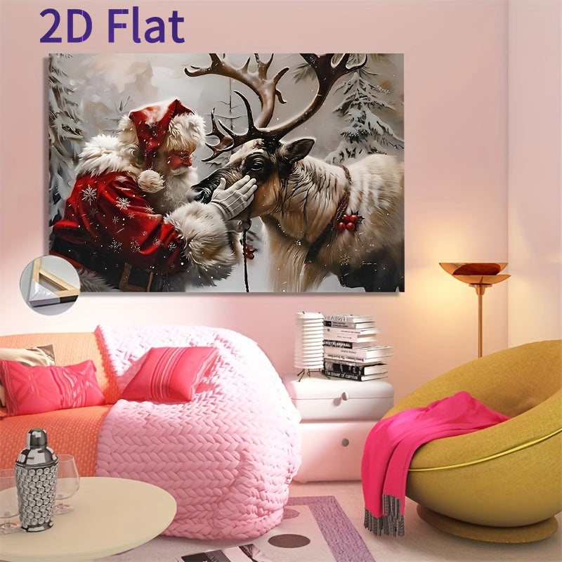 Santa Claus Petting Reindeer Framed Canvas Wall Art, Festive Pine Tree Scene 12x18in Solid Wood Frame – Bohemian Style Christmas & Holiday Home Decor for Living Room, Bedroom & Home Office