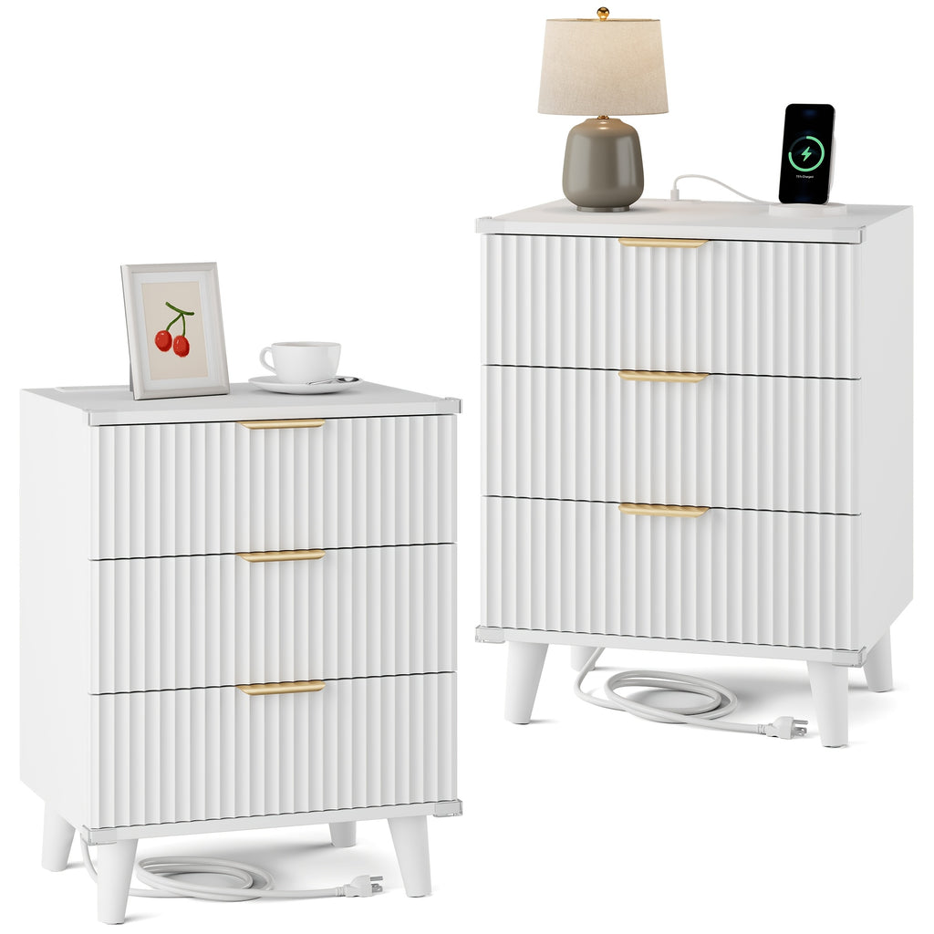 Nightstand with Charging Station – 3-Drawer Bedside Table with 2 USB Ports & 2 AC Outlets, Small Bedroom Side Table | Set of 1 or 2 | Wood, Black, White, Brown