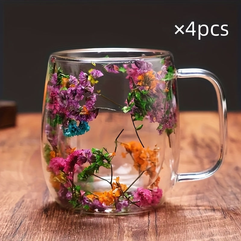 Double Wall Glass Coffee Cups Set of 4 with Handle – 12oz Leakproof Thermal Mugs for Tea, Latte & Cappuccino | Dried Flower & Petal Designs | Gift for Coffee Lovers