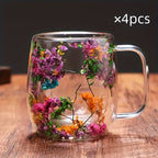 Double Wall Glass Coffee Cups Set of 4 with Handle – 12oz Leakproof Thermal Mugs for Tea, Latte & Cappuccino | Dried Flower & Petal Designs | Gift for Coffee Lovers