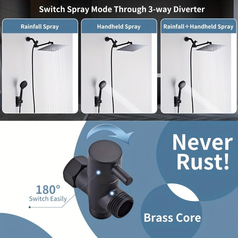 3-Way Rain Shower Head System Dual Heads with Handheld Spray High Pressure Extension Arm 8 10 12 Inch Black Chrome