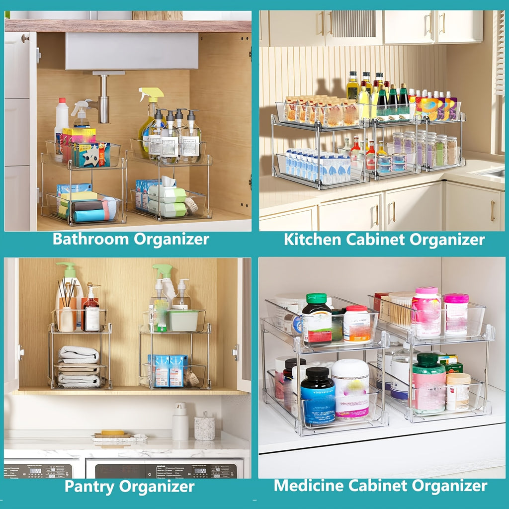 Transparent Pull-Out Storage Organizer – Double-Layer Slide-Out Cabinet Basket for Bathroom Vanity, Under-Sink & Kitchen, Space-Saving Plastic Shelf (1 or 2pcs)