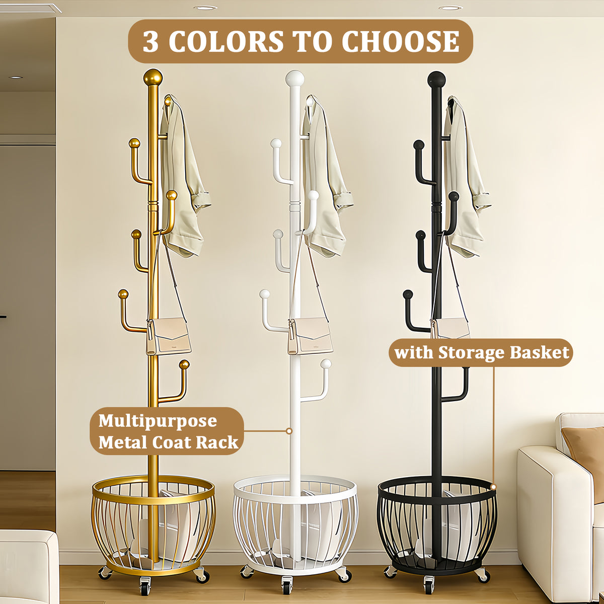 Rotating Coat Rack with Storage Basket and 6 Hooks 4 Wheels Freestanding Entryway Organizer for Coats Hats Bags