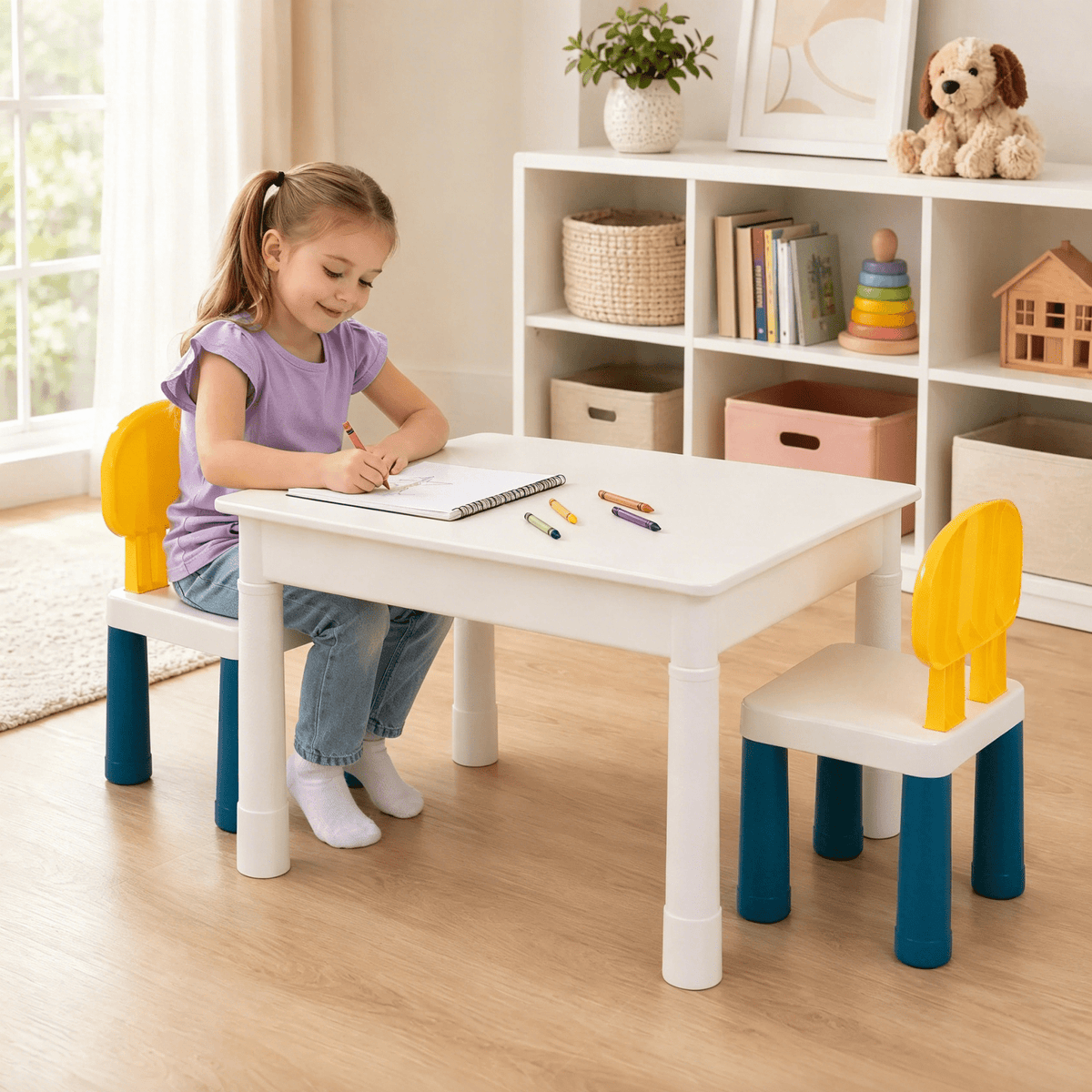 Kids Activity Table Set with 2 Chairs & 100Pcs Building Blocks – 7-in-1 Toddler Play Table, Adjustable Height, Water Sand Writing Block Table for Boys Girls Ages 3-6, STEM Learning Toy Gift