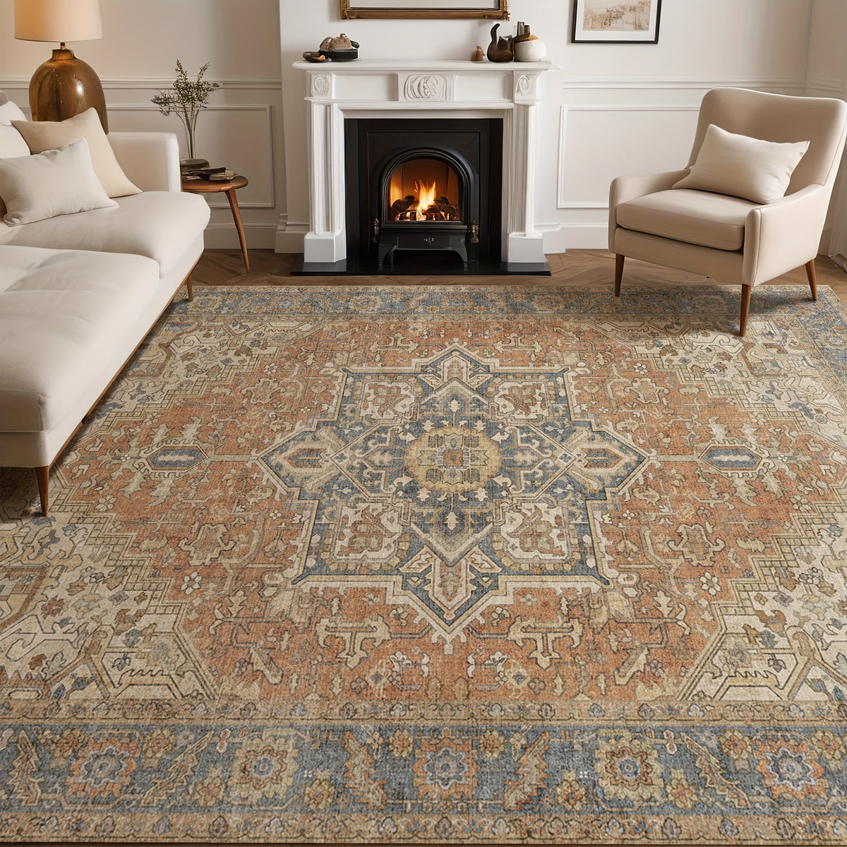 Terracotta Oriental Area Rug – Low Pile, Soft Texture, Non-Slip, Washable | Vintage Russet Boho Style | Bedroom, Living Room & Dining | 2 Sizes | Nuvia Haven