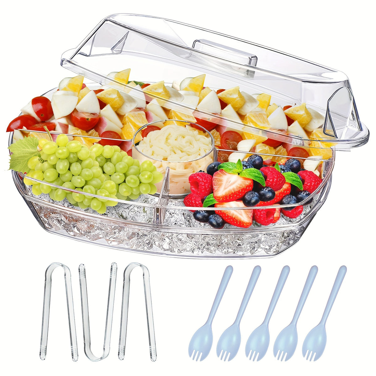 Chilled Serving Tray on Ice with Lid 15 Inch Clear Party Platter with Forks and Pliers for Shrimp Fruit Vegetables Salad Sushi Appetizer Display