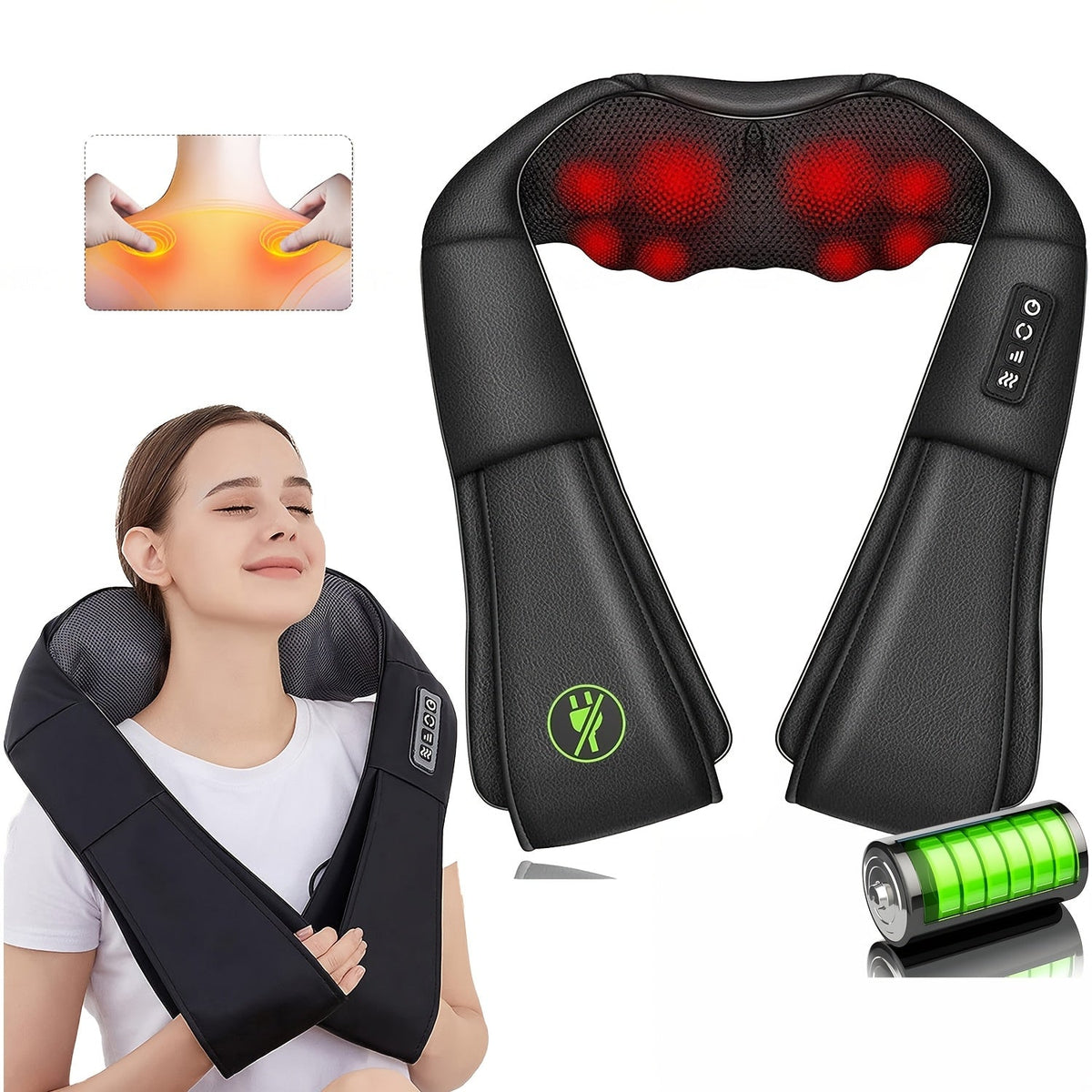 Cordless Shiatsu Neck Back Massager Pillow with Heat, 4D Kneading Deep Tissue Massage for Shoulder Back Leg Waist, USB Charging Wireless Electric Massage Machine
