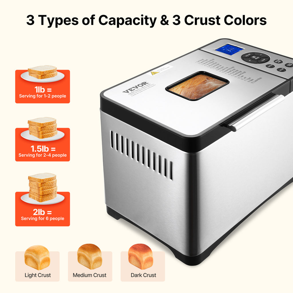 Bread Maker Machine 19-in-1 with Ceramic Non-Stick Pan, 15-Hour Timer, 3 Crust Colors, Auto Keep-Warm – Up to 2 LB Loaf