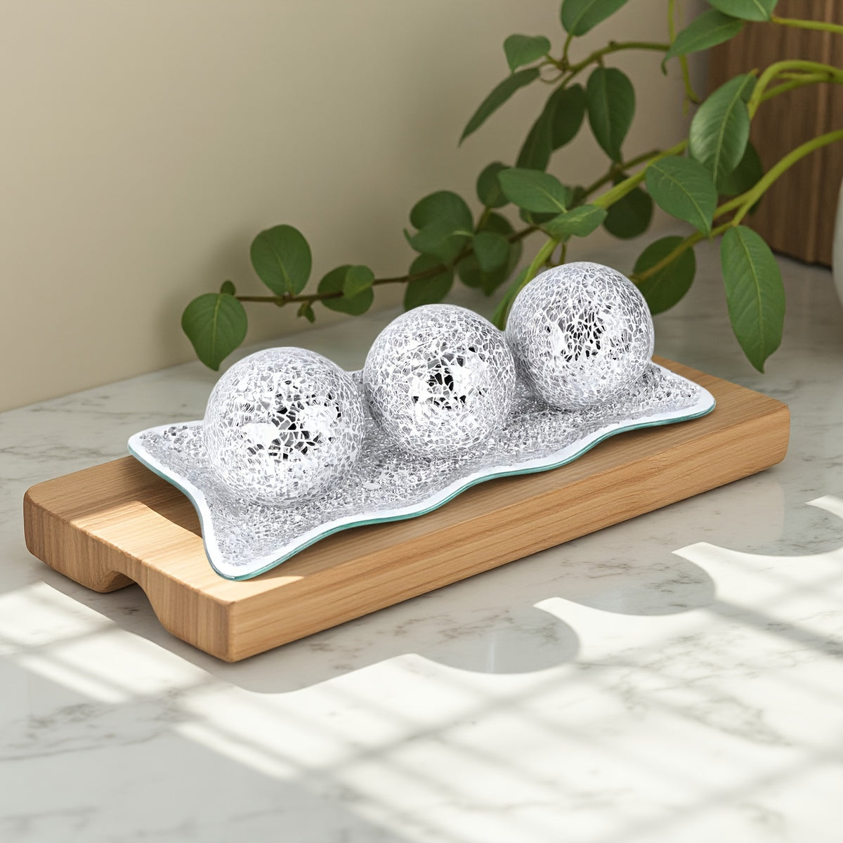 Decorative Glass Balls for Bowls Set of 3 with Glass Tray 3-Inch Bowl Fillers Centerpiece Table Decorations for Home Living Room Dining Coffee Table Silver Turquoise Black