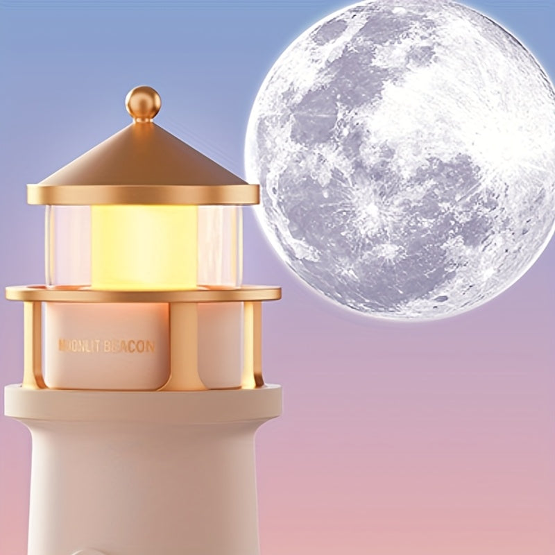 Moon Lighthouse Night Light with Projector & Motion Sensor, USB Rechargeable or Plug-In Moonlight Lamp with Auto-On Body Sensor, Decorative Bedroom Night Light & Unique Home Decor Gift