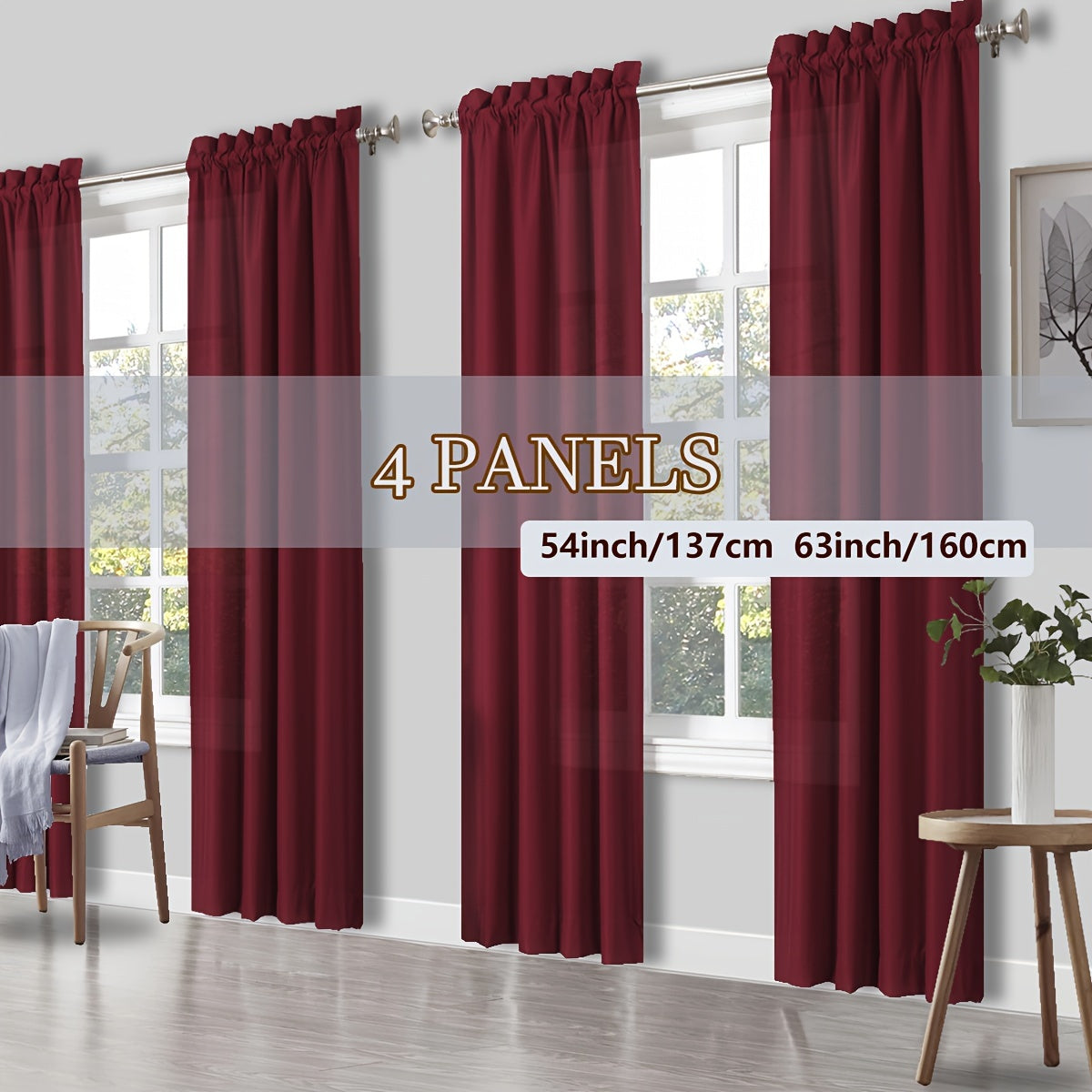 Solid Color Rod Pocket Light Filtering Curtains – 4 Panels Set for Living Room, Bedroom & Office | Multiple Sizes & 10 Colors | Simple Modern Window Panels