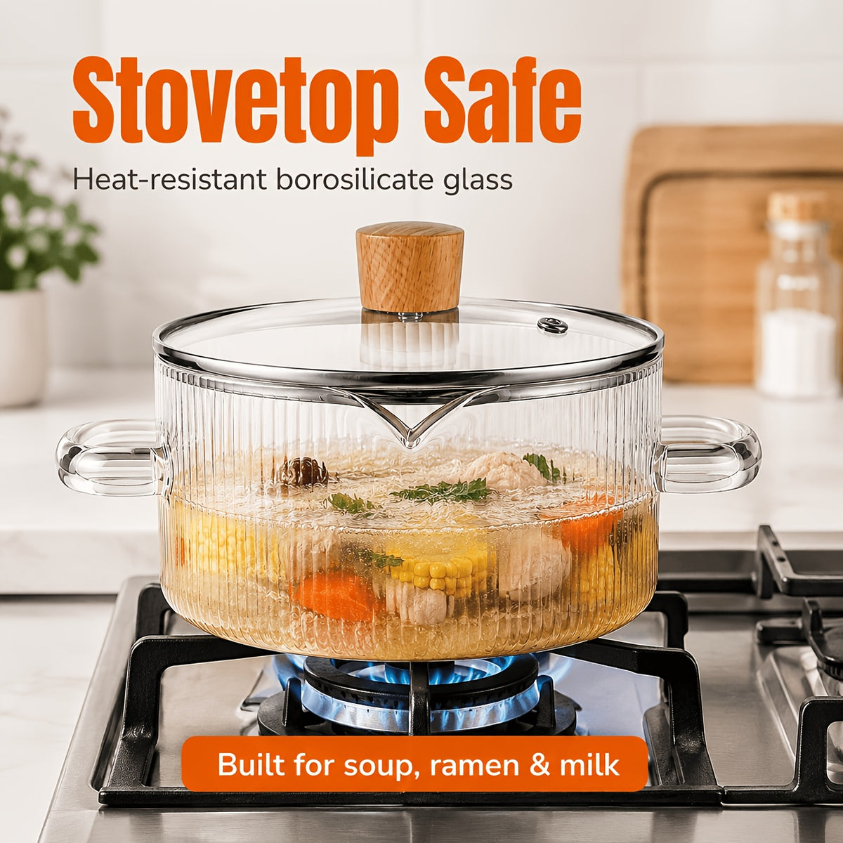 Borosilicate Glass Pots with Lids Set of 2 Stovetop Safe 78Oz & 54Oz Saucepan for Soup Ramen Milk Heat Resistant