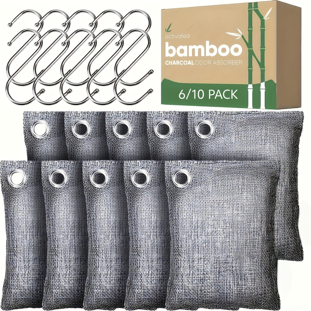 Bamboo Charcoal Odor Absorber Bags, Activated Charcoal Air Purifying Odor Eliminator for Home Car Closet Pet & Smoke Room, Natural Unscented Deodorizer, 6-Grid or 10-Pack
