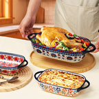 Bohemian Ceramic Baking Dishes Set of 2 - Large Rectangular Oven-Safe Casserole & Pie Pan, Porcelain Roaster Set for Baking & Cooking, Elegant Kitchen Gift, Red Blue Yellow White