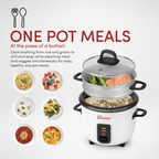 Mini Rice Cooker with Keep Warm | One-Touch Compact Electric Rice Cooker with Nonstick Pot, Glass Lid & Steamer | 0.6L (3 Cup) & 1.5L (8 Cup) | White or Black