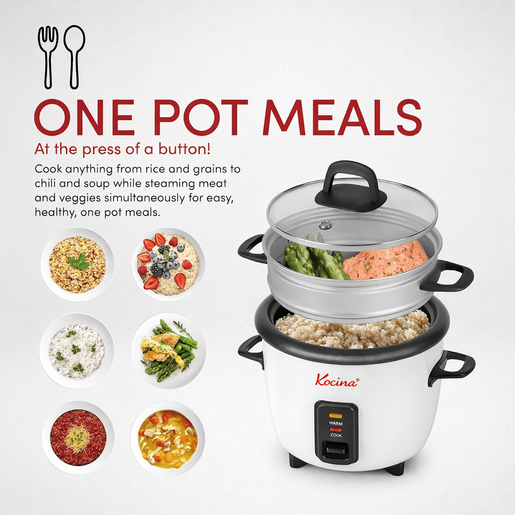Mini Rice Cooker with Keep Warm | One-Touch Compact Electric Rice Cooker with Nonstick Pot, Glass Lid & Steamer | 0.6L (3 Cup) & 1.5L (8 Cup) | White or Black