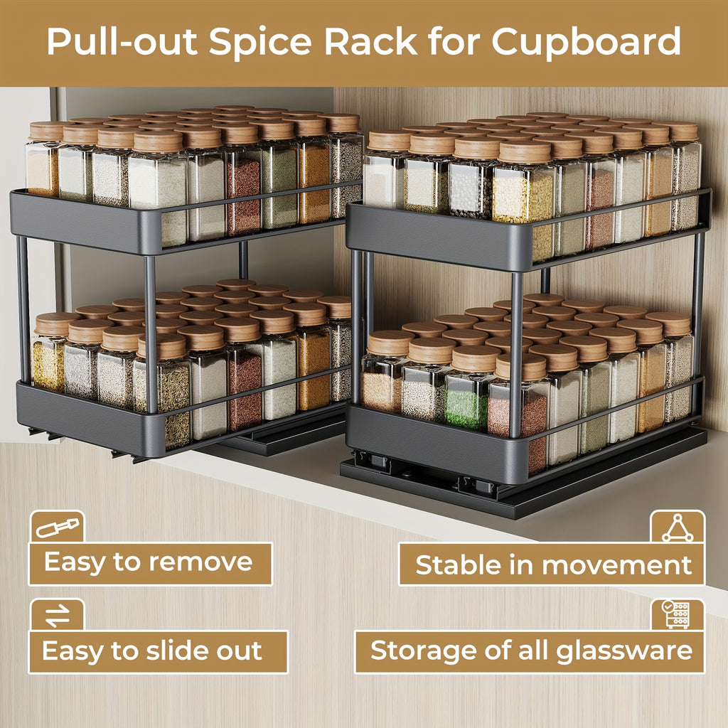 Pull Out Spice Rack Organizer 2 Pack Double Tier Adjustable Under Cabinet Sliding Spice Bottle Holder - Rust Resistant L-Shaped Kitchen Storage Black