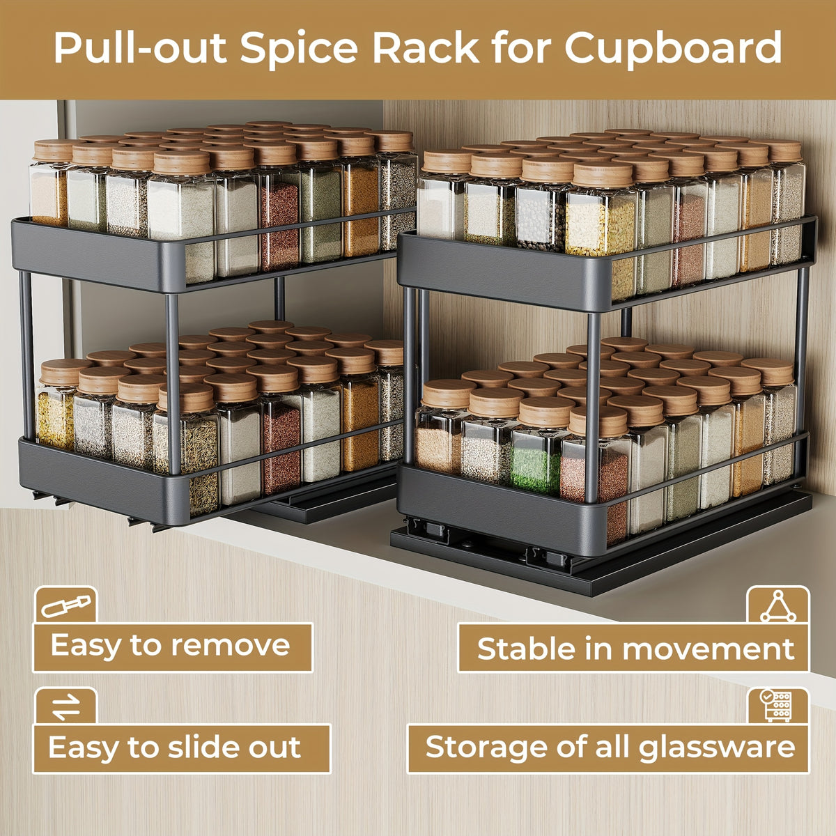 Pull Out Spice Rack Organizer 2 Pack Double Tier Adjustable Under Cabinet Sliding Spice Bottle Holder - Rust Resistant L-Shaped Kitchen Storage Black
