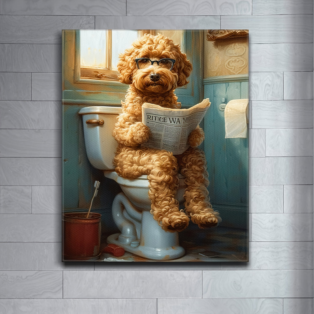 Funny Dog Bathroom Wall Art – Framed Canvas Print Dog on Toilet Reading Newspaper, Humor Bathroom Decor for Dog Lovers, Quirky Animal Poster for Restroom & Powder Room, Ready to Hang