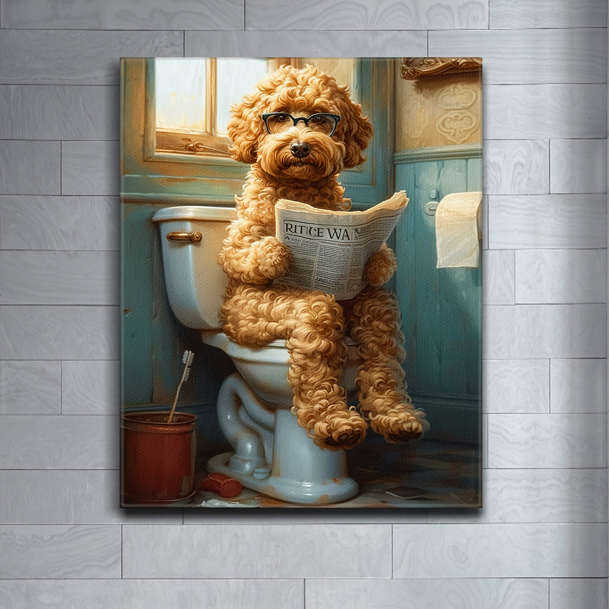 Funny Dog Bathroom Wall Art – Framed Canvas Print Dog on Toilet Reading Newspaper, Humor Bathroom Decor for Dog Lovers, Quirky Animal Poster for Restroom & Powder Room, Ready to Hang