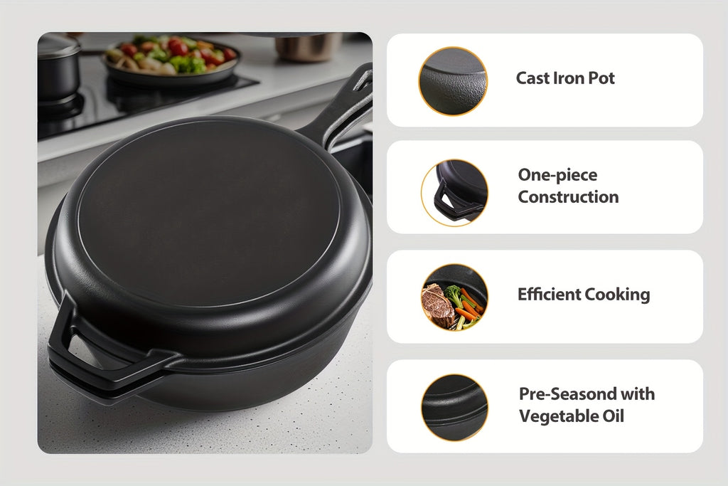 Pre-Seasoned Cast Iron Dutch Oven & Frying Pan Set – 2-in-1 Deep Pan + Skillet for Baking, BBQ, Stovetop & Induction | Indoor & Outdoor Cookware