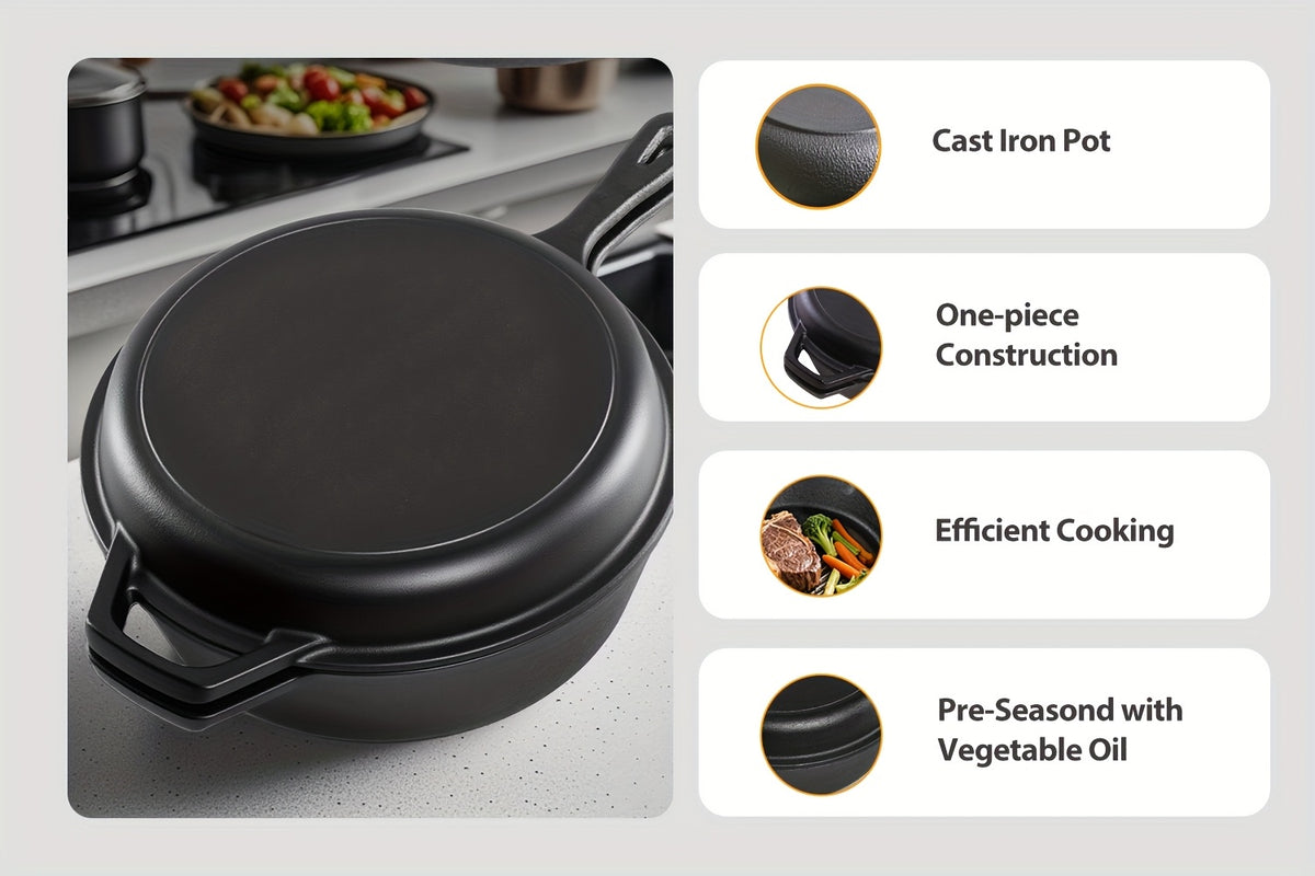 Pre-Seasoned Cast Iron Dutch Oven & Frying Pan Set – 2-in-1 Deep Pan + Skillet for Baking, BBQ, Stovetop & Induction | Indoor & Outdoor Cookware