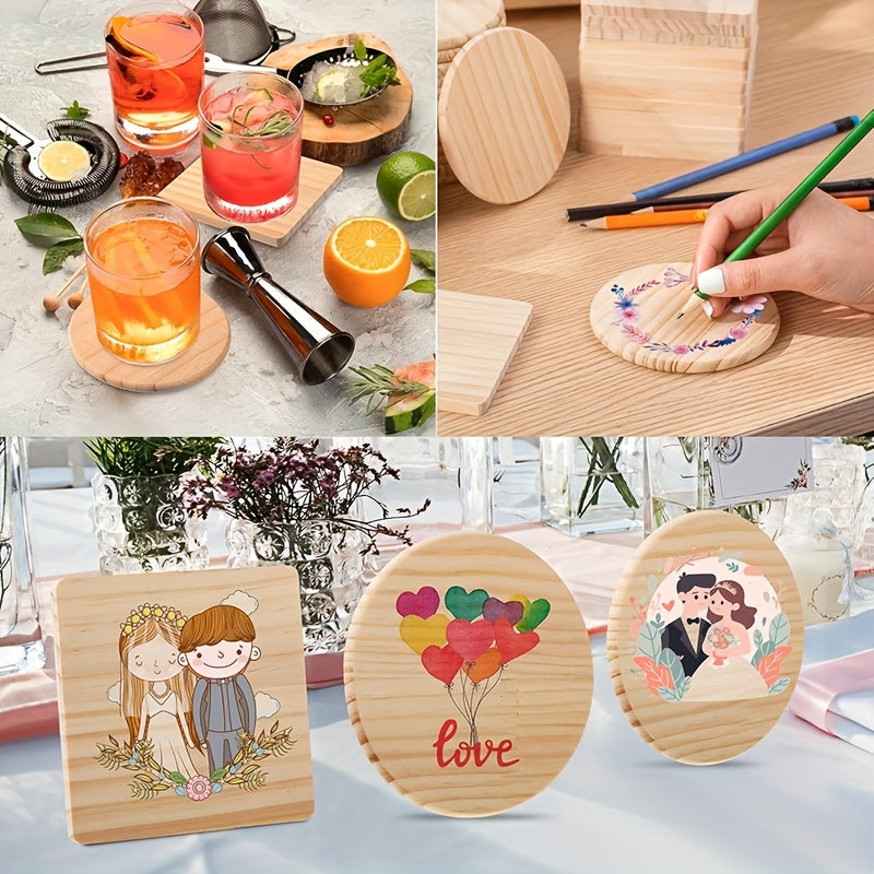 Unfinished Wood Coasters for Crafts DIY Engraving Painting – 4 Inch Square & Round Wooden Drink Coasters with Non-Slip Pad for Home Kitchen Coffee Table | 30 or 60 Pack