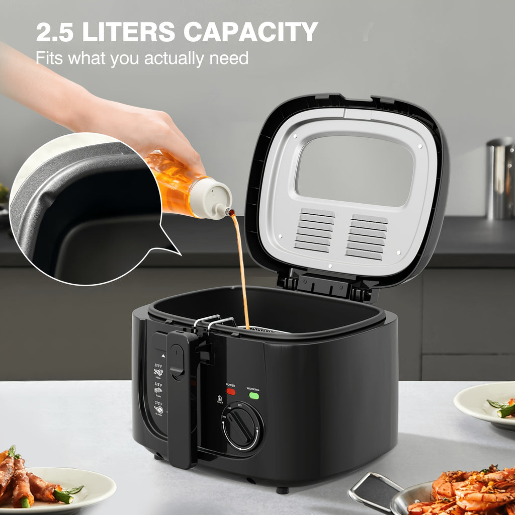 1500W Electric Deep Fryer 84.54oz – Non-Stick Basket, Adjustable Temperature Control, Viewing Window & Removable Lid | Easy Clean | Black & White
