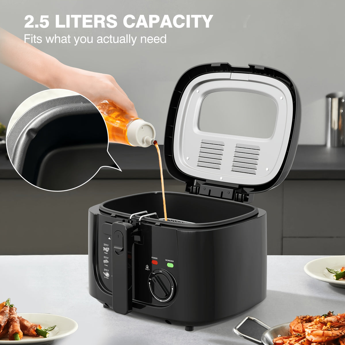 1500W Electric Deep Fryer 84.54oz – Non-Stick Basket, Adjustable Temperature Control, Viewing Window & Removable Lid | Easy Clean | Black & White