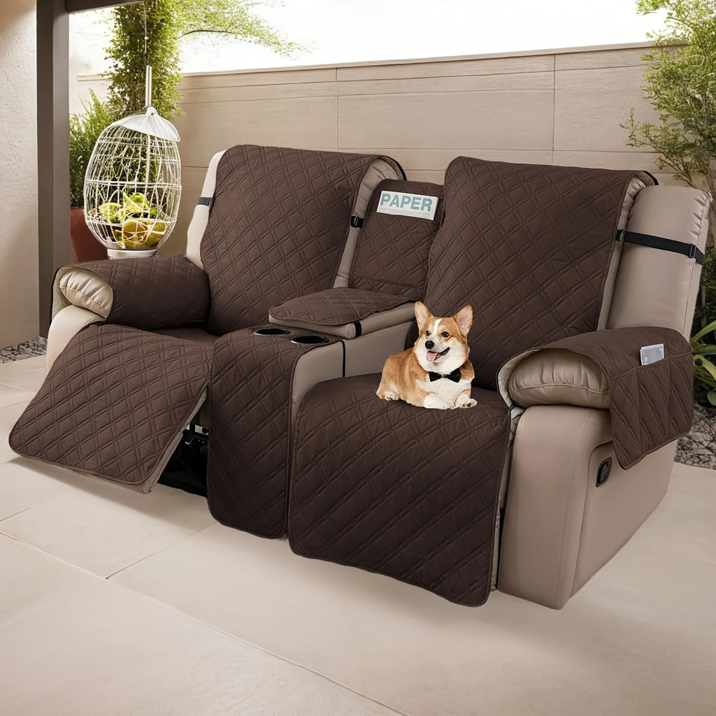 Recliner Loveseat Cover with Console 4-Piece Chenille Quilted Waterproof Slipcover | Non-Slip Pet Scratch Resistant Sofa Protector with Cup Holder Pocket, 9 Colors