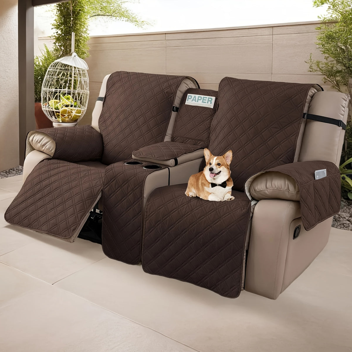 Recliner Loveseat Cover with Console 4-Piece Chenille Quilted Waterproof Slipcover | Non-Slip Pet Scratch Resistant Sofa Protector with Cup Holder Pocket, 9 Colors