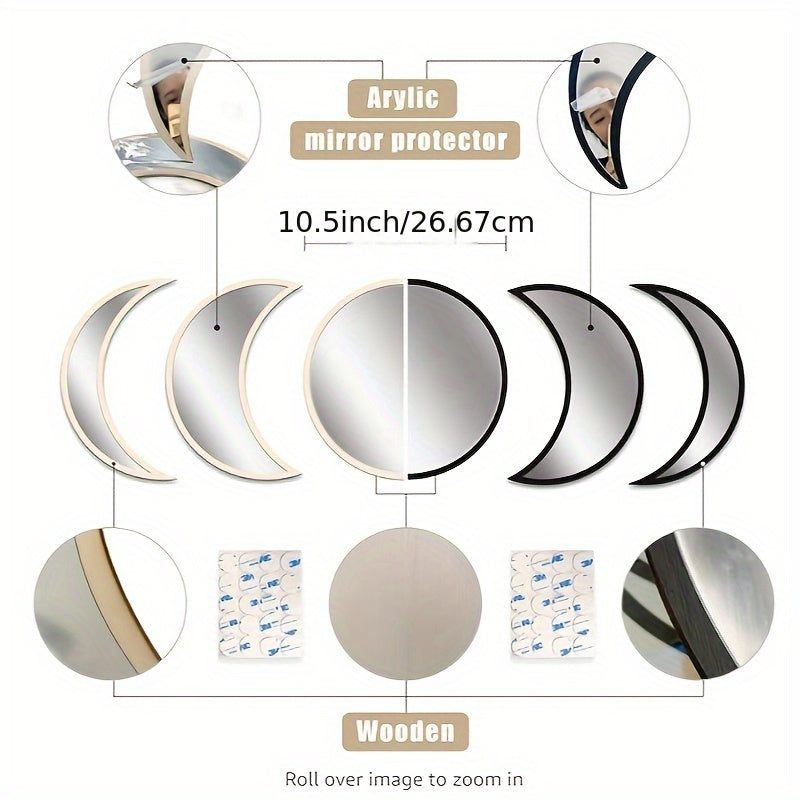 Moon Phase Mirror Set of 5 - Boho Scandinavian Acrylic Wall Mirrors for Living Room, Bedroom and Apartment - Decorative Bohemian Moon Wall Decor for Modern and Minimalist Home