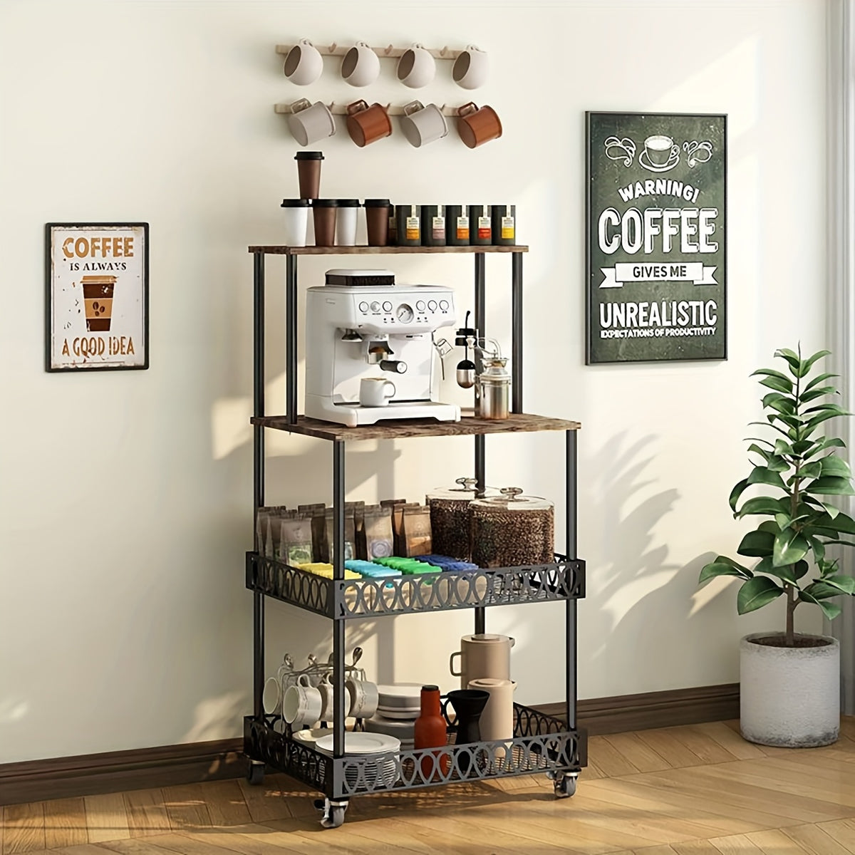 4-Tier Kitchen Microwave Oven Stand with Wheels – Vertical Baking & Bread Storage Rack for Kitchen & Dining Room | Rolling Floor-Standing Shelving