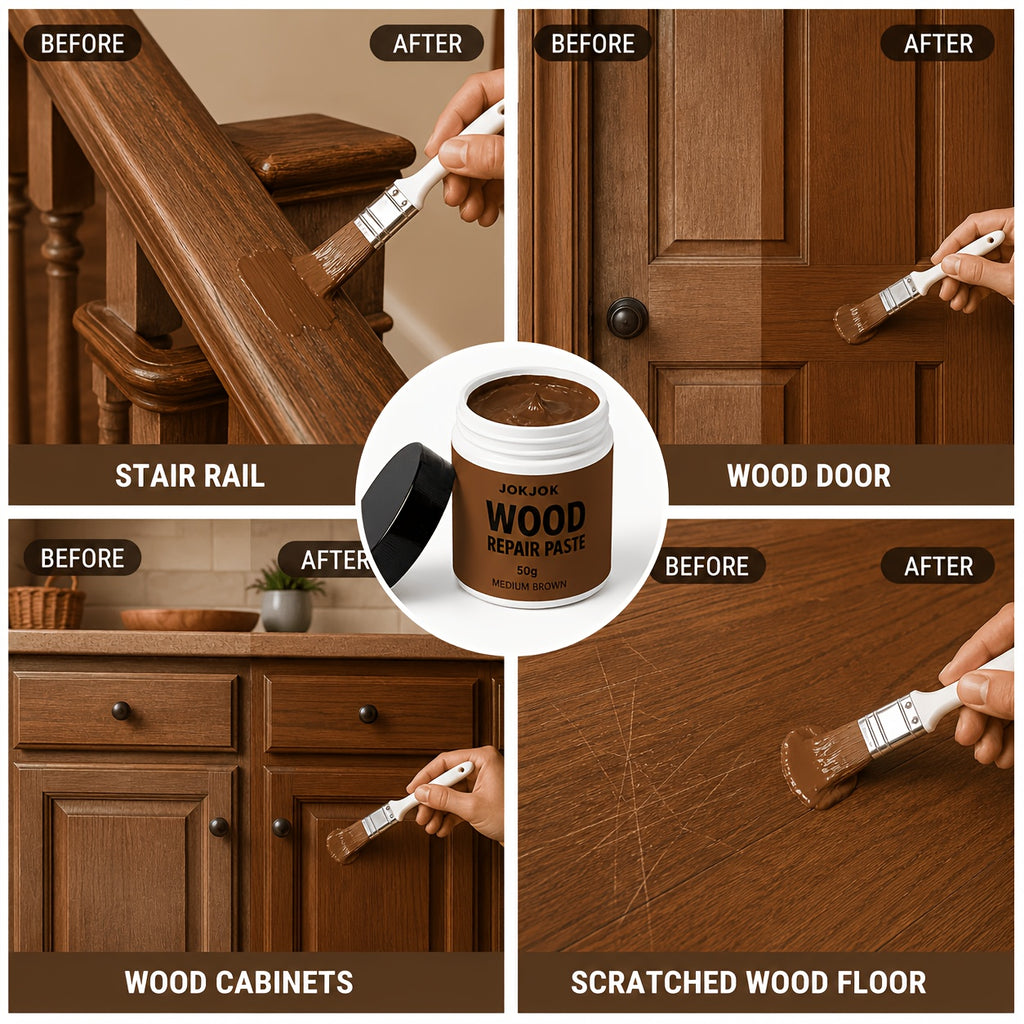 Wood Touch-Up Repair Paste with Brush – 4 Colors White, Light, Medium & Dark Brown for Scratches, Chips, Dents & Faded Wood on Floors, Cabinets, Doors, Tables & Chairs