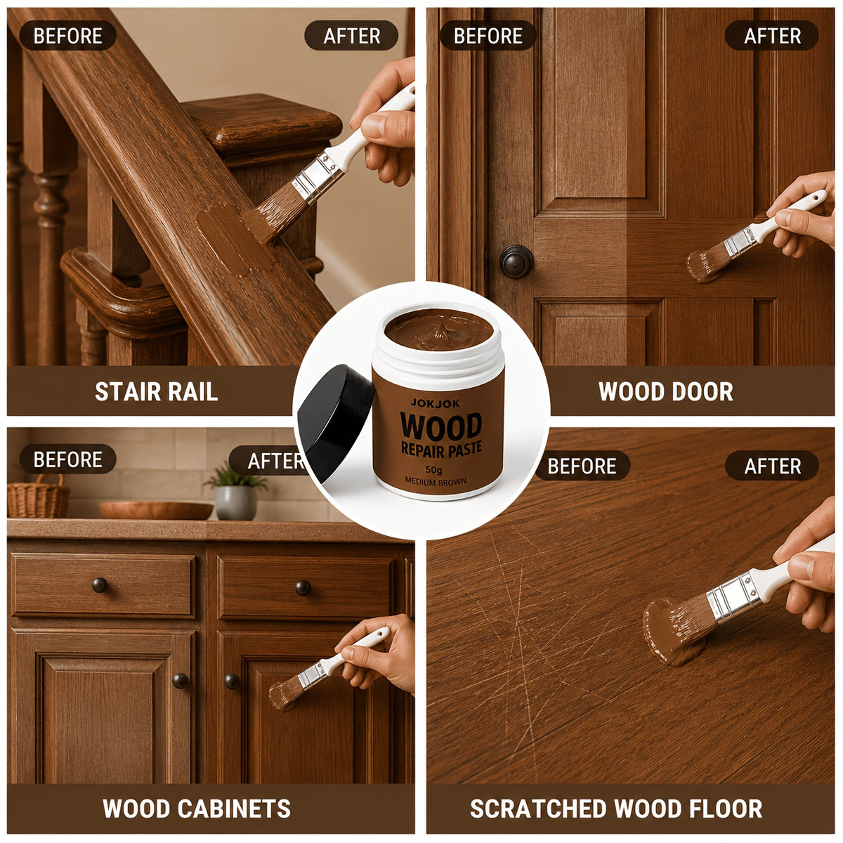 Wood Touch-Up Repair Paste with Brush – 4 Colors White, Light, Medium & Dark Brown for Scratches, Chips, Dents & Faded Wood on Floors, Cabinets, Doors, Tables & Chairs