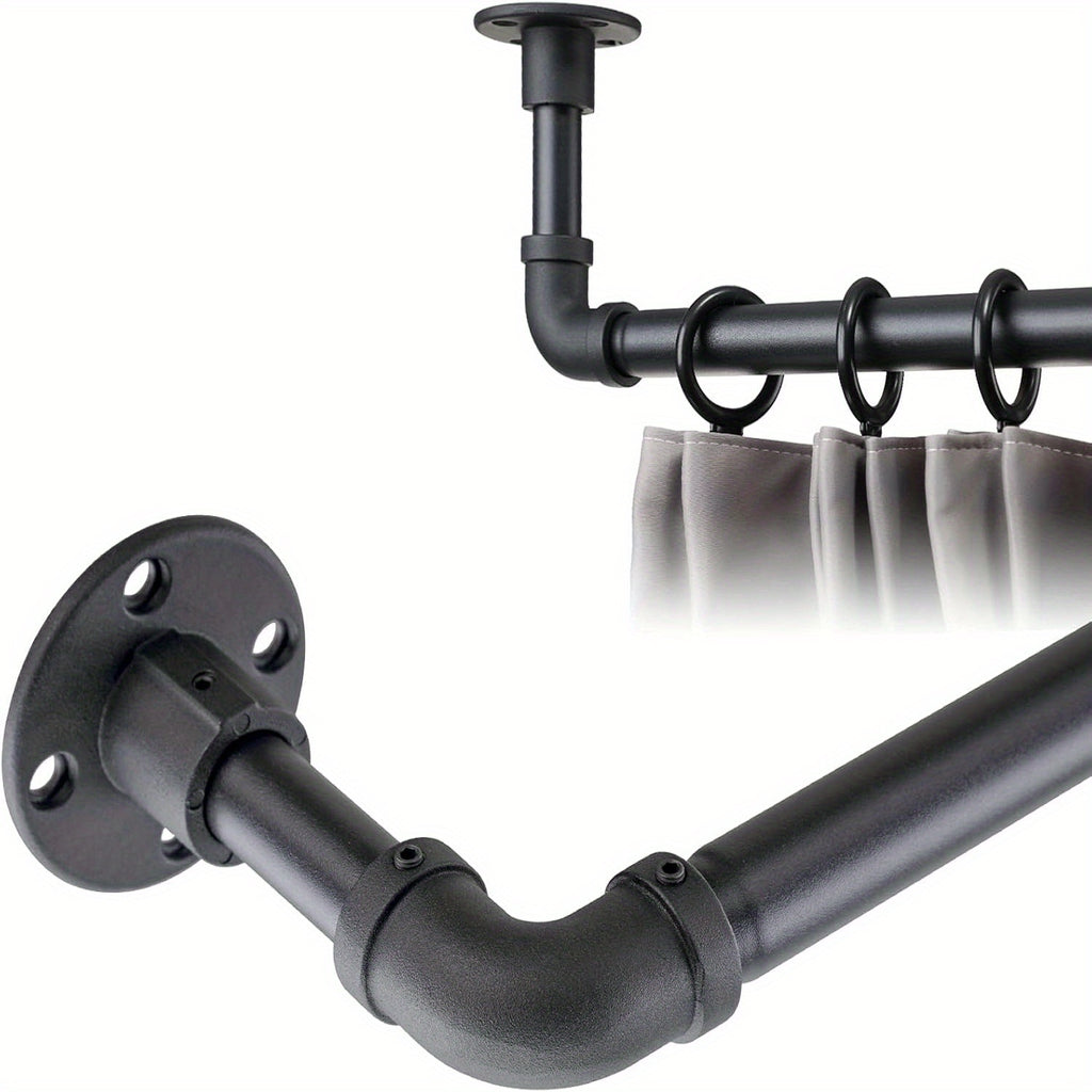 Adjustable Industrial Black Pipe Curtain Rod 1 Inch Wrap-Around with Brackets, Indoor Outdoor Patio Room Divider, 4 Sizes 28-45in to 28-84in