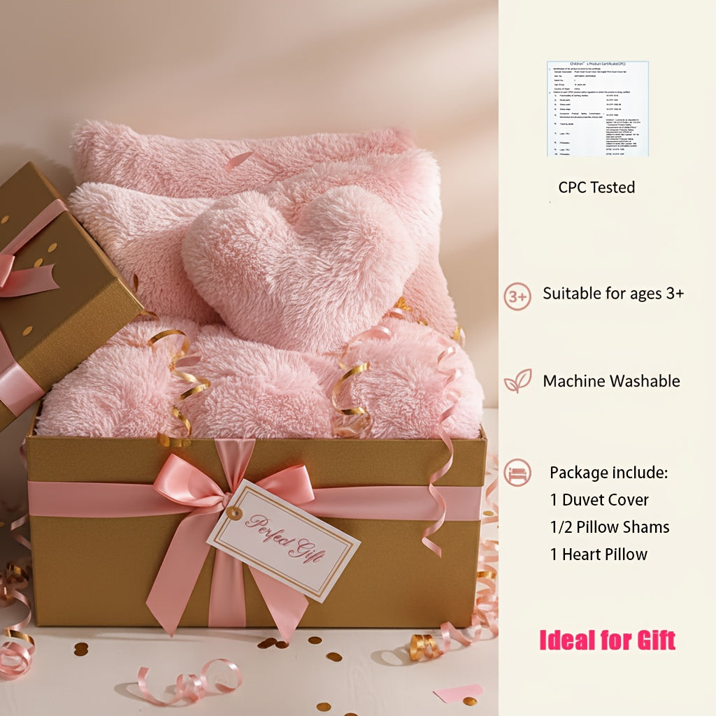 Plush Faux Fur Duvet Cover Set for Kids & Teens, 3/4 Pcs with Pillowcases & Heart Pillow, Super Soft Warm Faux Fur Comforter Cover, Machine Washable Lodge Style Bedding, Twin Queen King